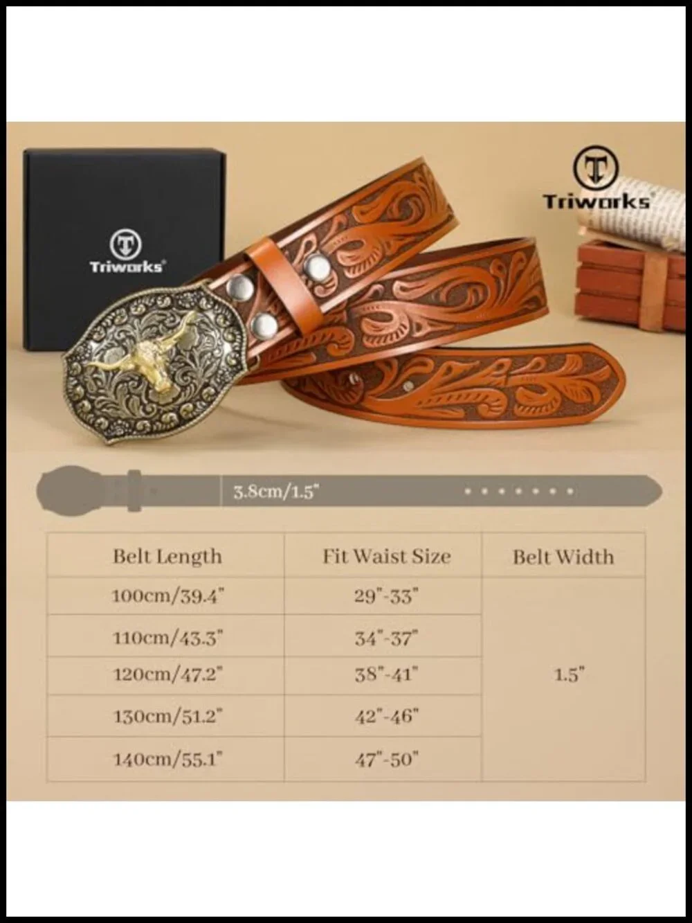 Genuine Leather Western Belt with Removable Cowboy Buckle, 1.5 Wide